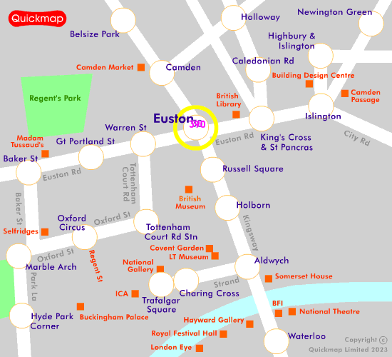 moving map of buses from Euston Station, London